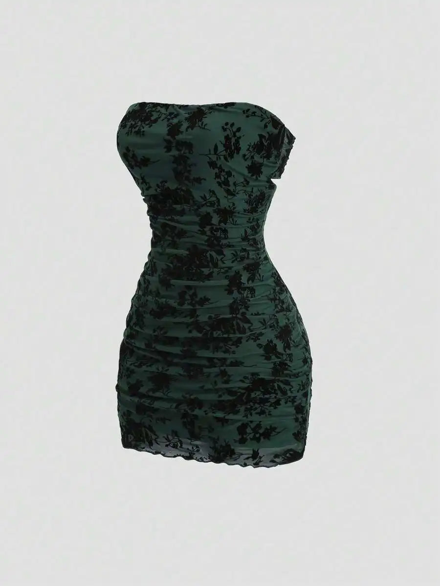 Velvet Floral Print Strapless Ruched Bodycon Mini Dress