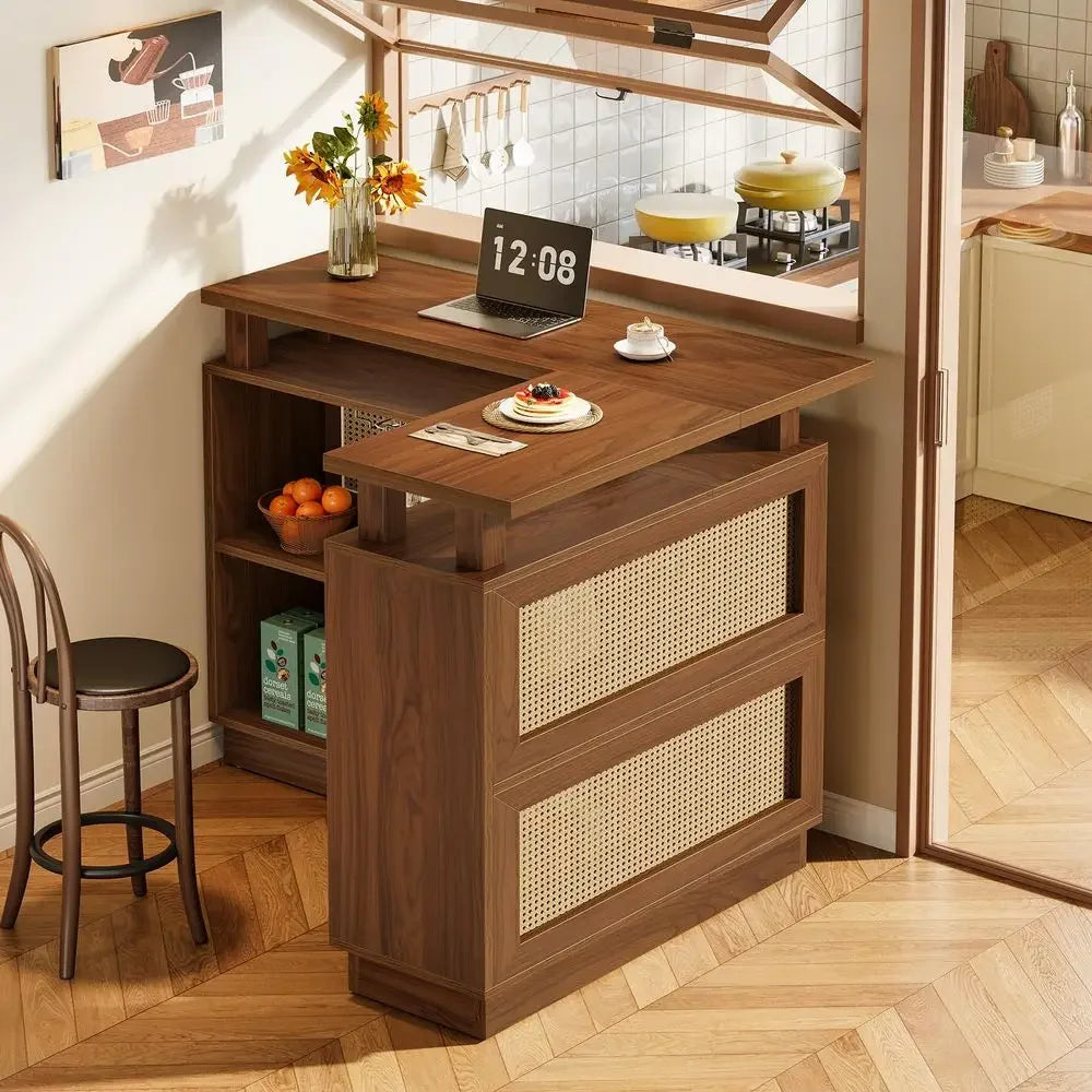 L Shaped Bar Table With Storage Shelf Rattan Home Unit