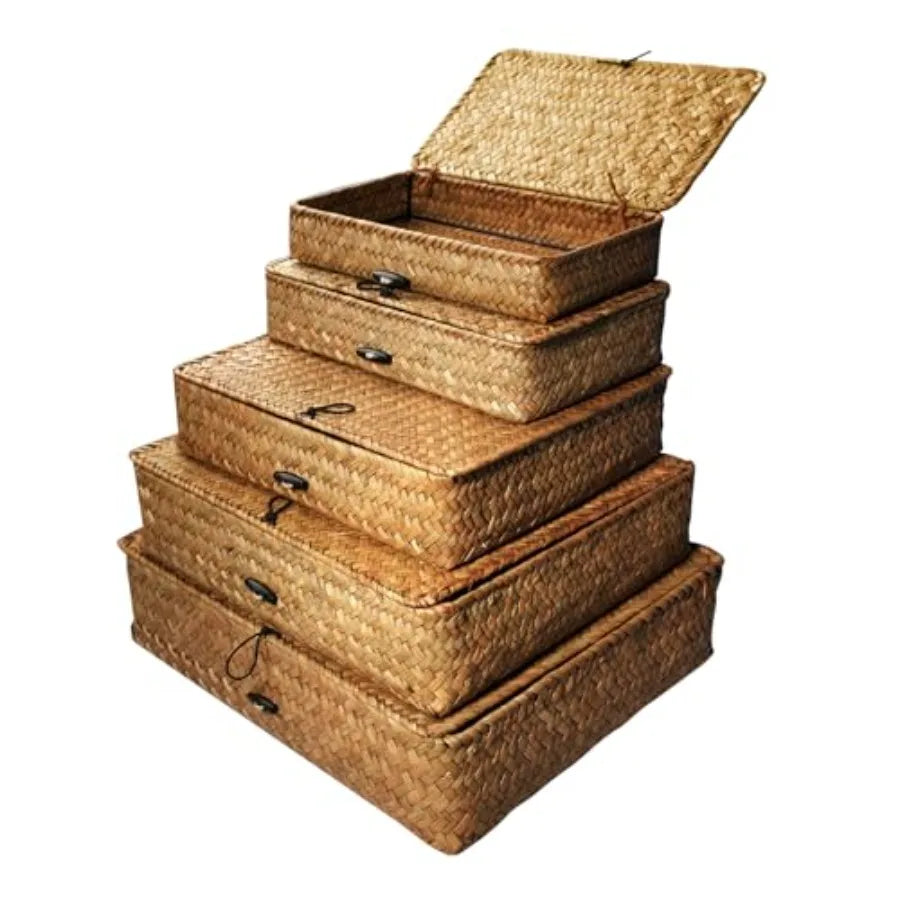 Seagrass Basket With Lid Set For Woven Storage Organizer