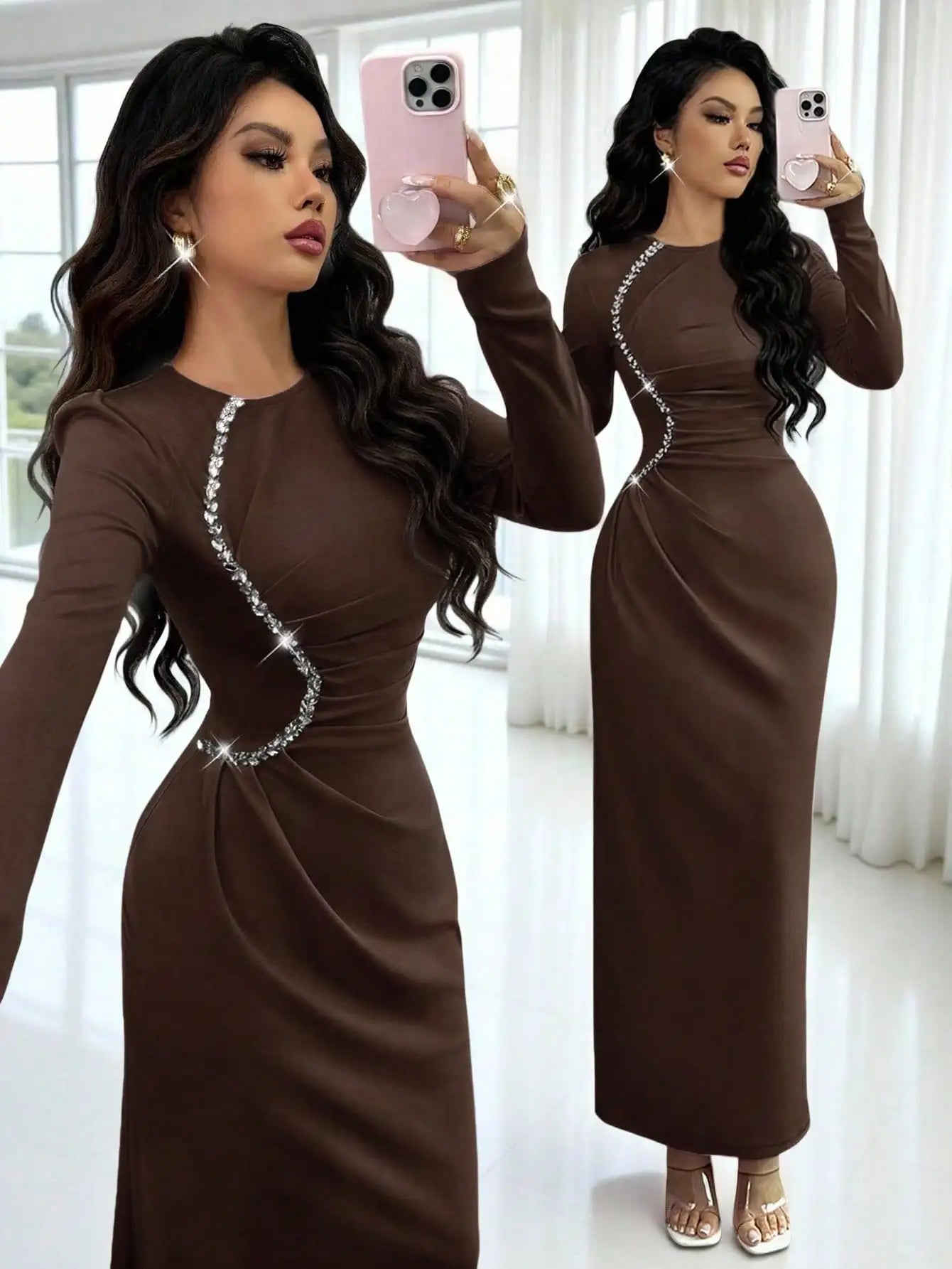 Elegant Crystal Embellished Long Sleeve Bodycon Evening Dress