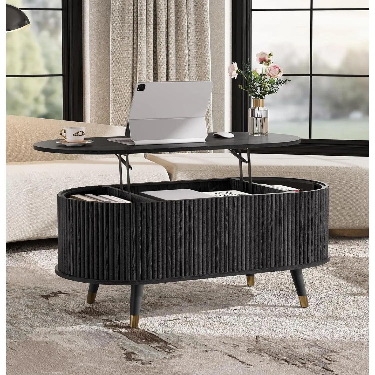 Round Coffee Table with Storage, 31.5" Fluted Center Table for Living Room, Modern Walnut Wood Circle Drum Table, Customized