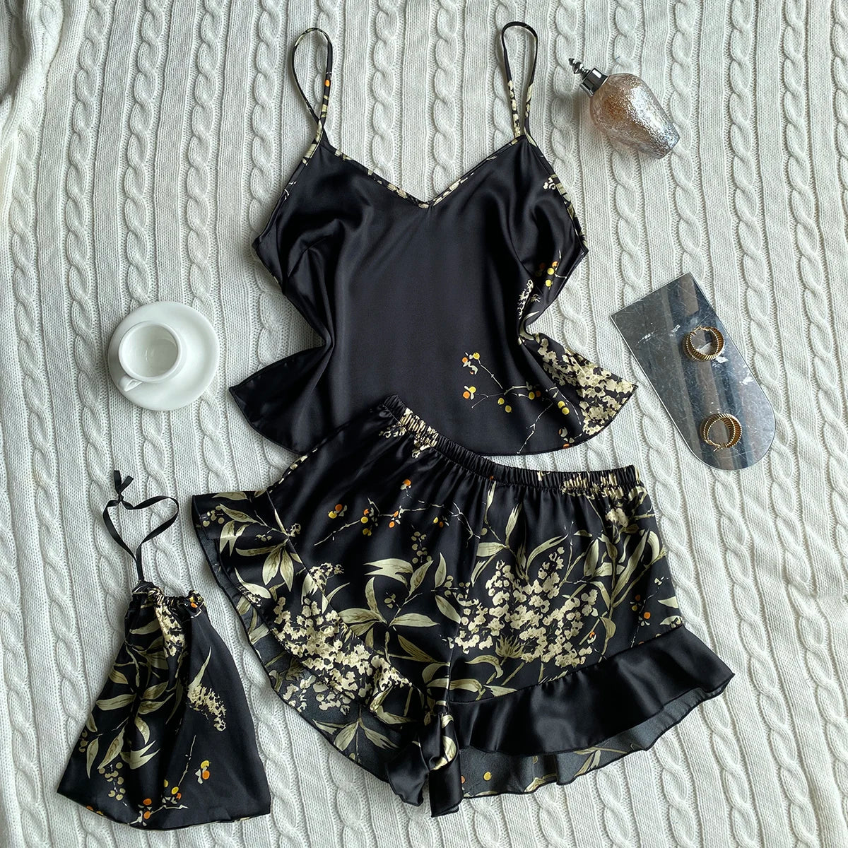 Elegant Floral Cami Tops And Shorts Pajama Set For Women