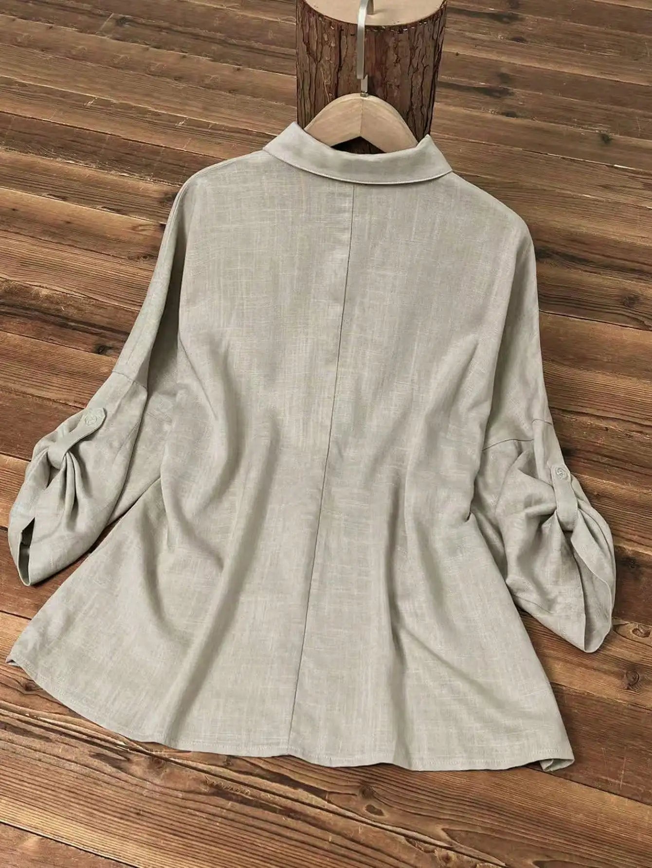 Women Linen Shirt With Rolled Cuff Button Detail Turn Down Collar Long Sleeve