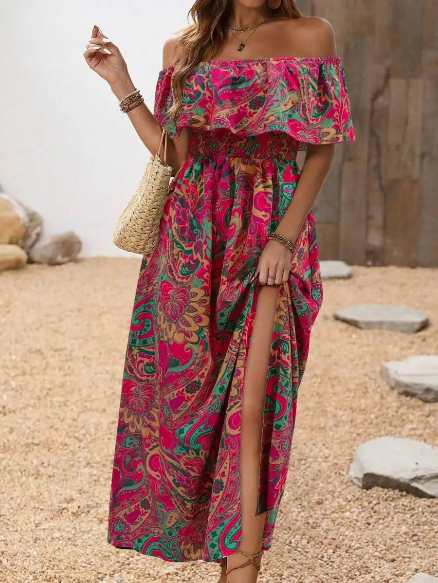 Off Shoulder Floral Maxi Dress With Side Slit And Ruffles