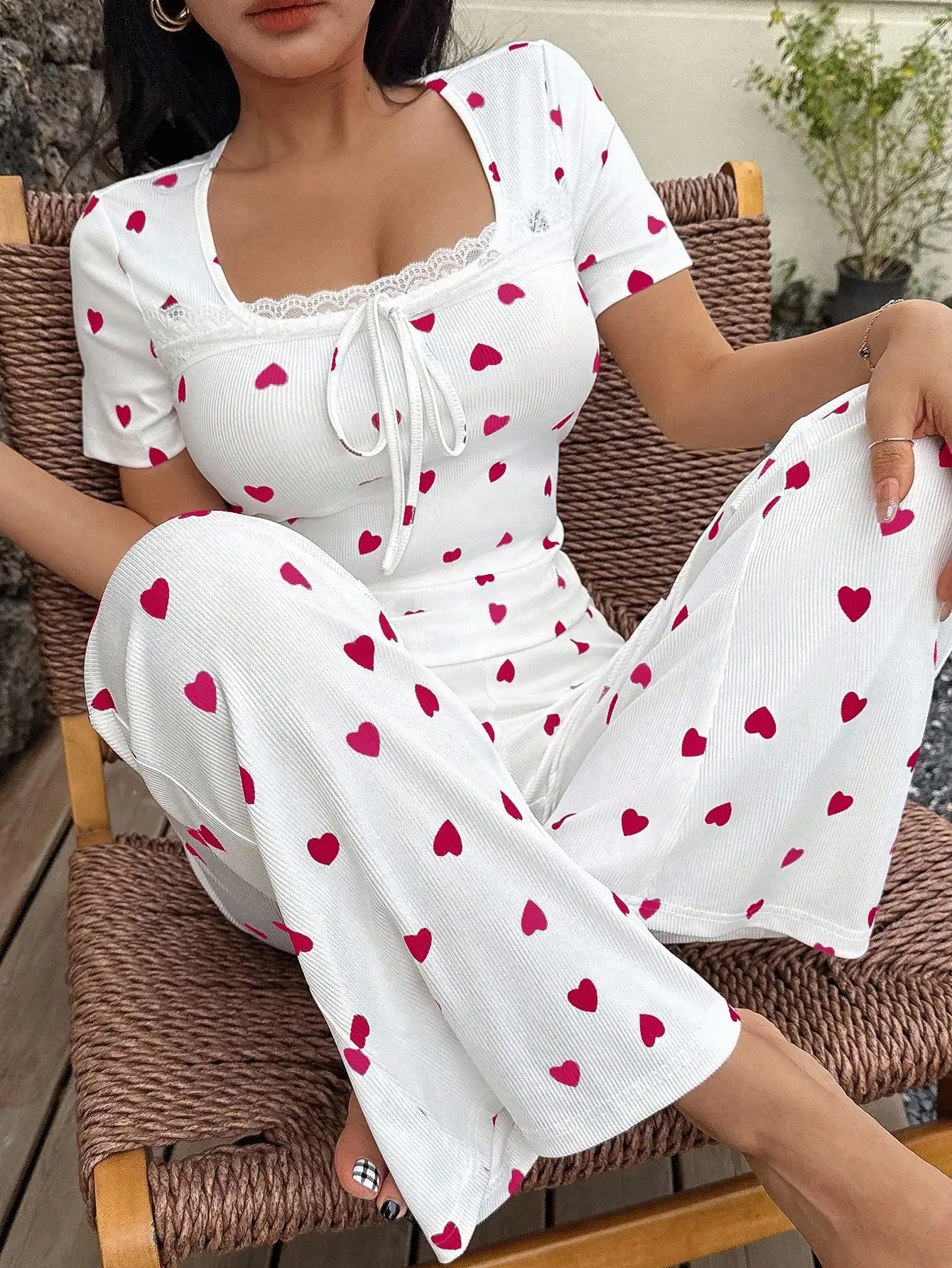 Heart Print Square Neck Ribbed Top And Flare Pants Set