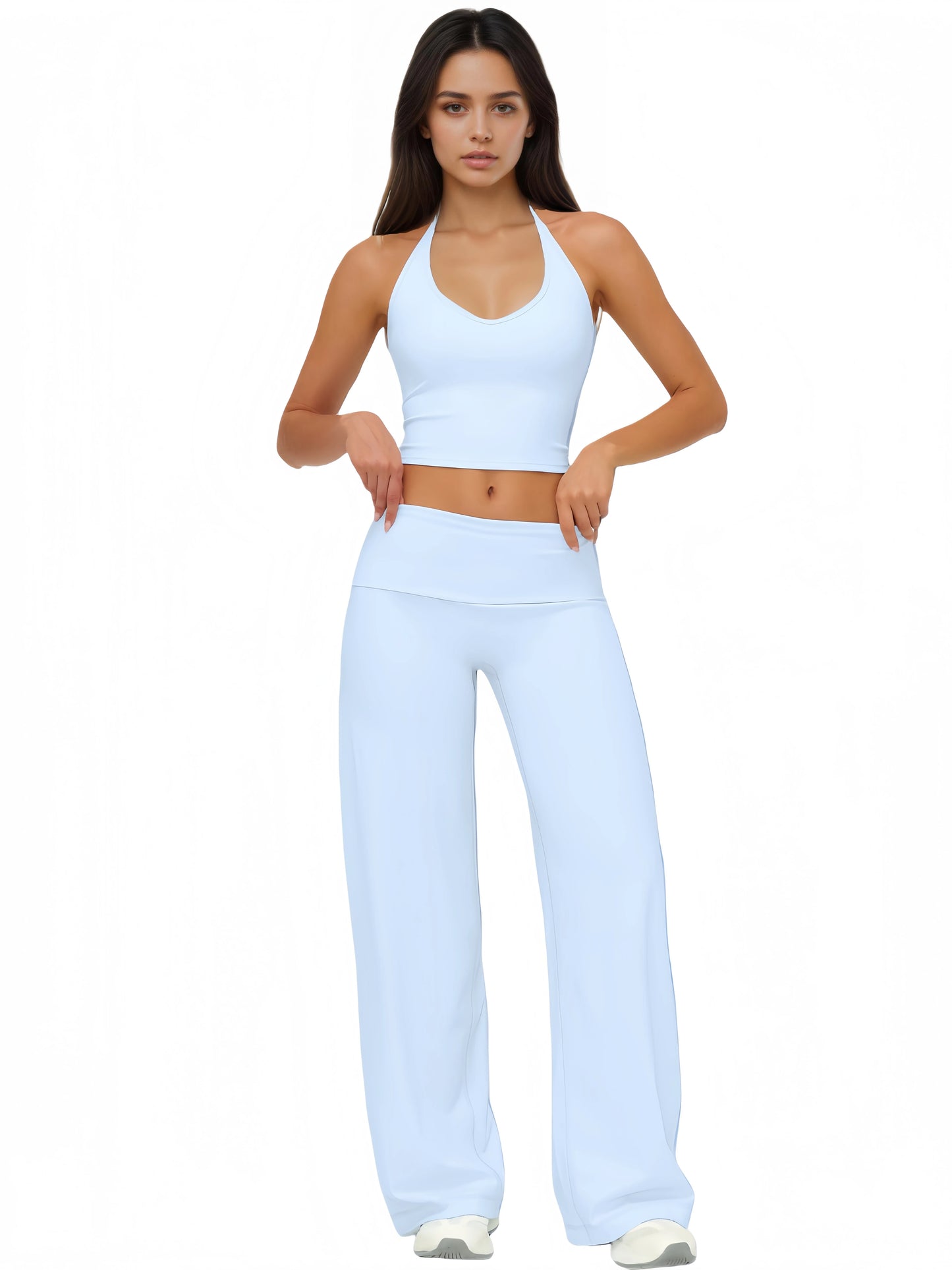 Airila Halter V Neck Yoga Set Two Piece Backless Crop Top Flared Pants