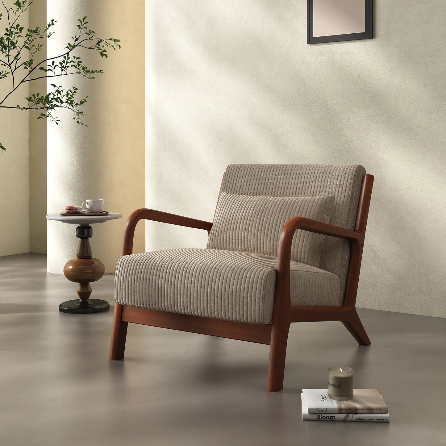 QWC Mid Century Modern Accent Chair With Fabric Wood Frame
