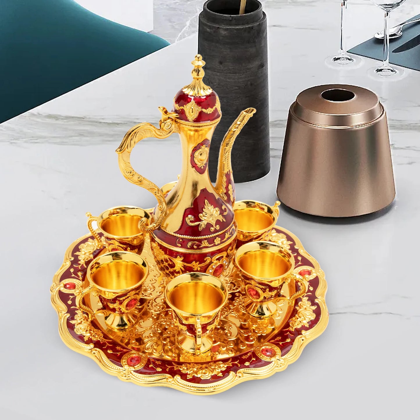 Vintage Metal Turkish Coffee Pot Set With Six Teacups
