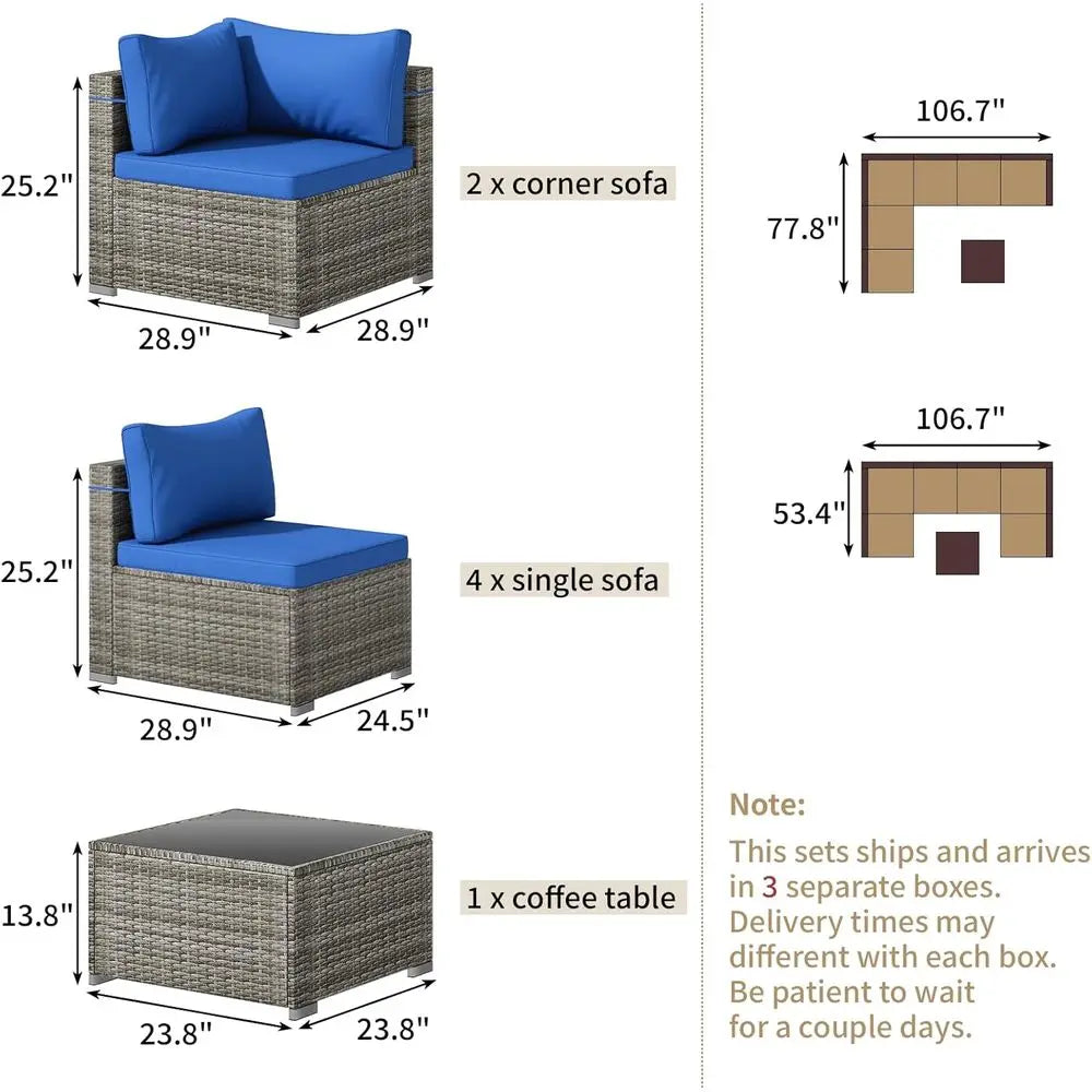 7-Piece Outdoor Wicker Sectional Sofa Set With Glass Table Weather-Resistant