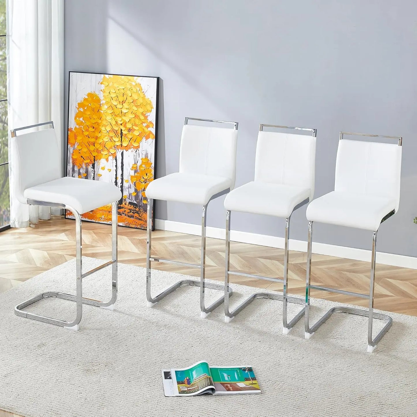 Bar Stools Set of 4,Gold Bar Stools with Back,25" White Island Chairs with Gold Plated Metal Leg,Faux, Customized