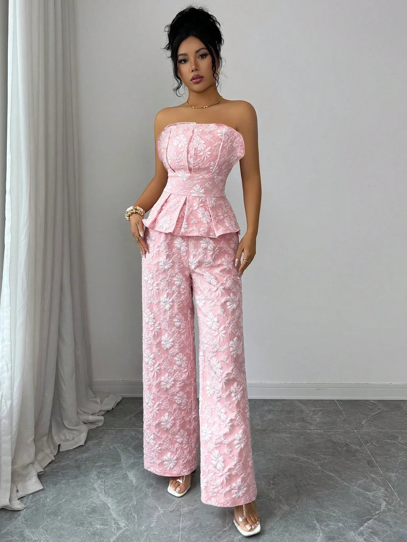 Floral Jacquard Strapless Peplum Top And Wide Leg Pants Set