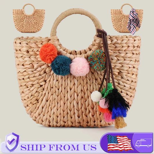 Women Straw Beach Bag Half Round Rattan Tote Handwoven