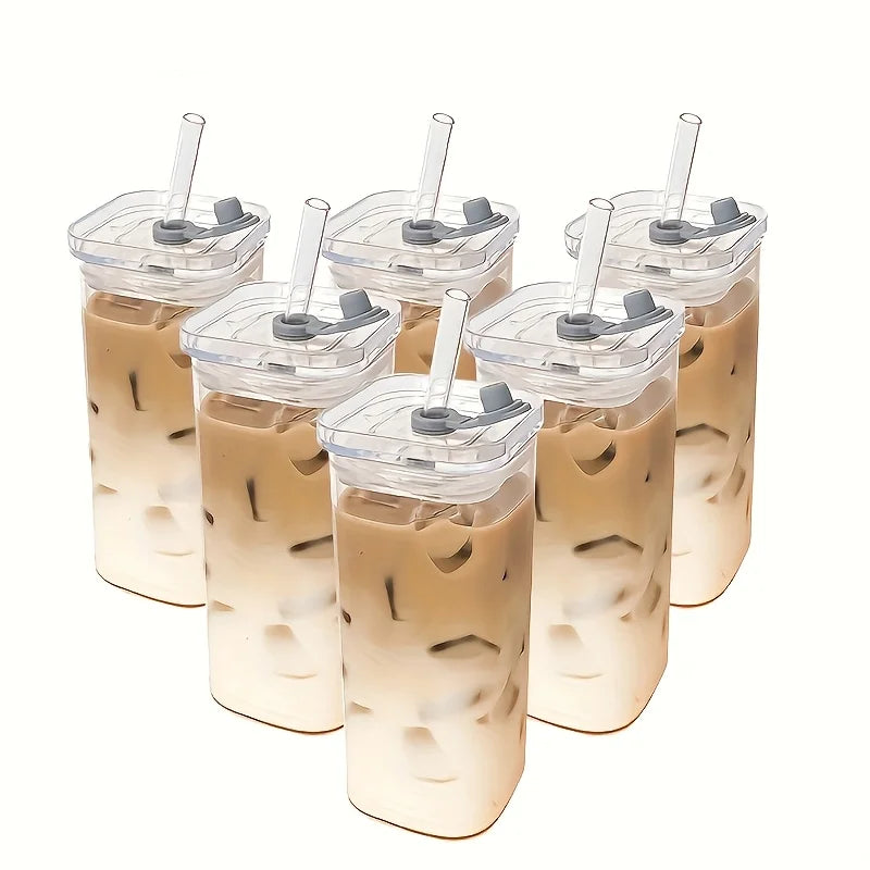 ETRENDZ Square Glass Cups With Lids BPA Free Gift Set