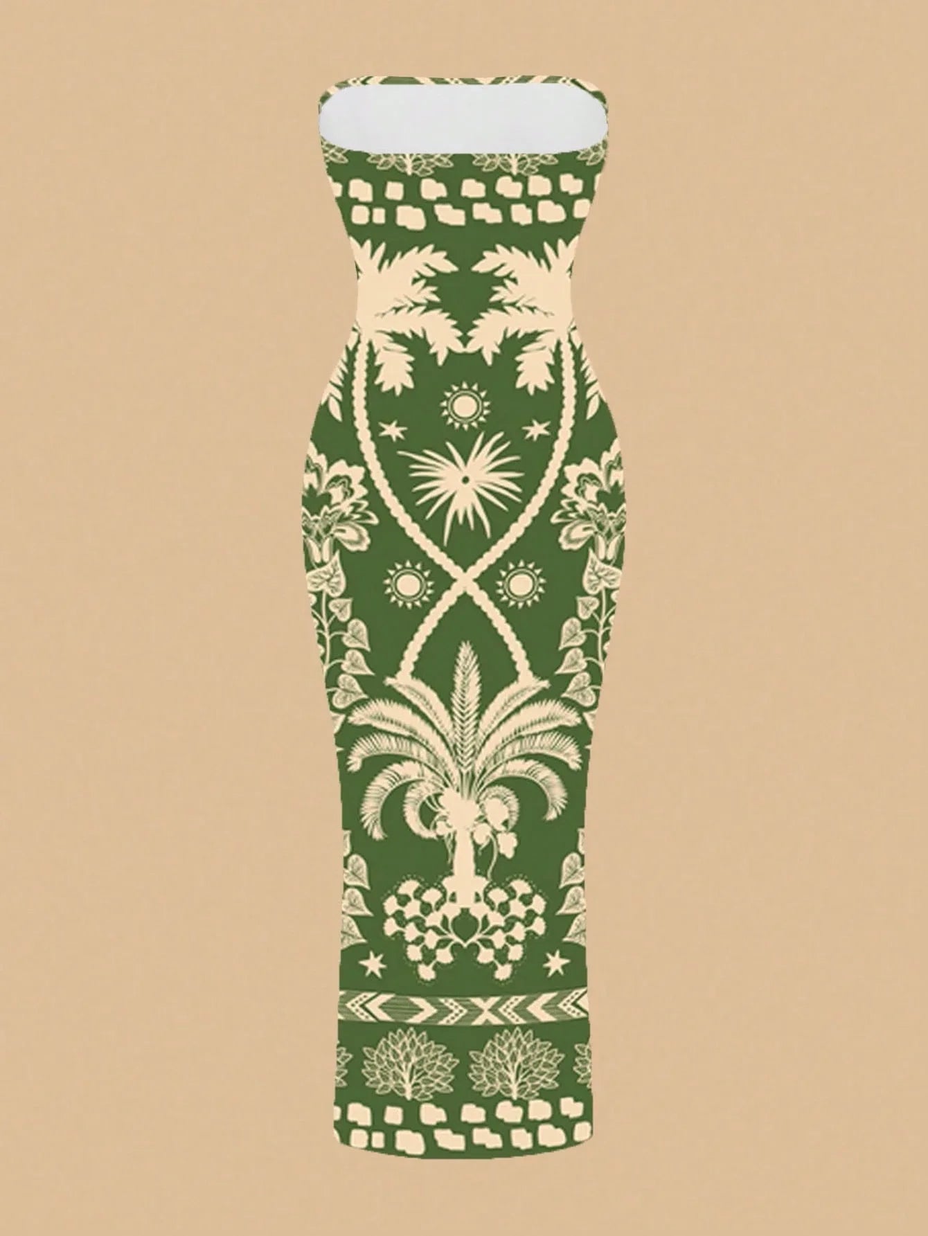 Bohemian Green Tropical Print Strapless Bodycon Dress For Vacation