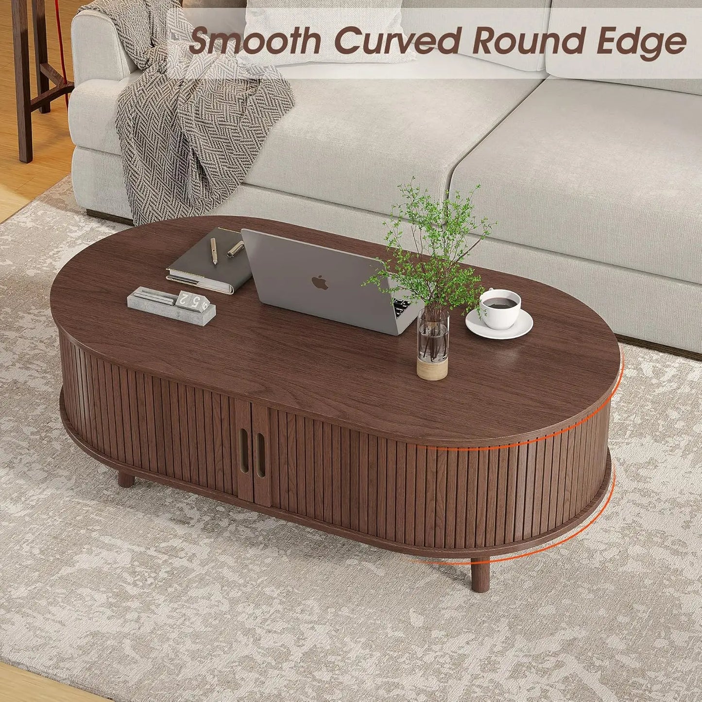 Mid Century Oval Coffee Table With Sliding Tambour Door