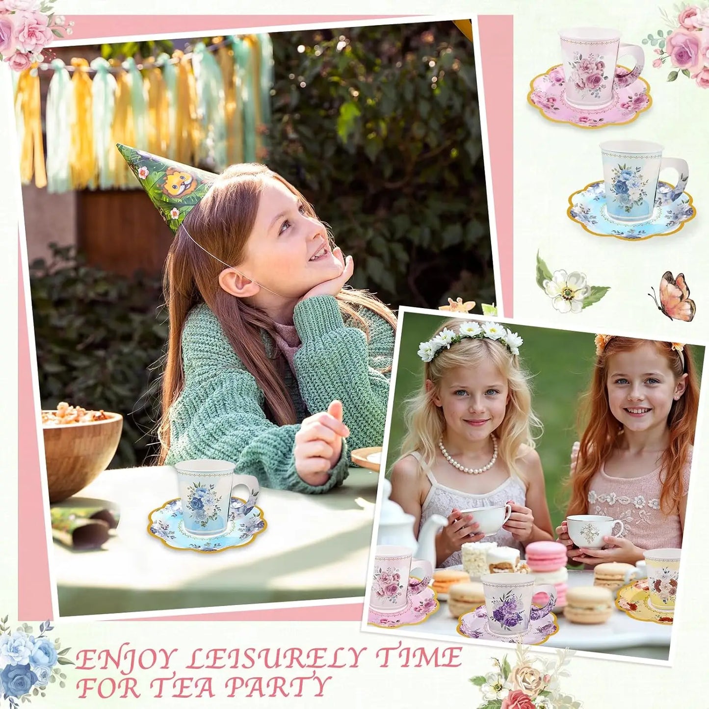 Floral Disposable Tea Cup Set With Handles And Saucers