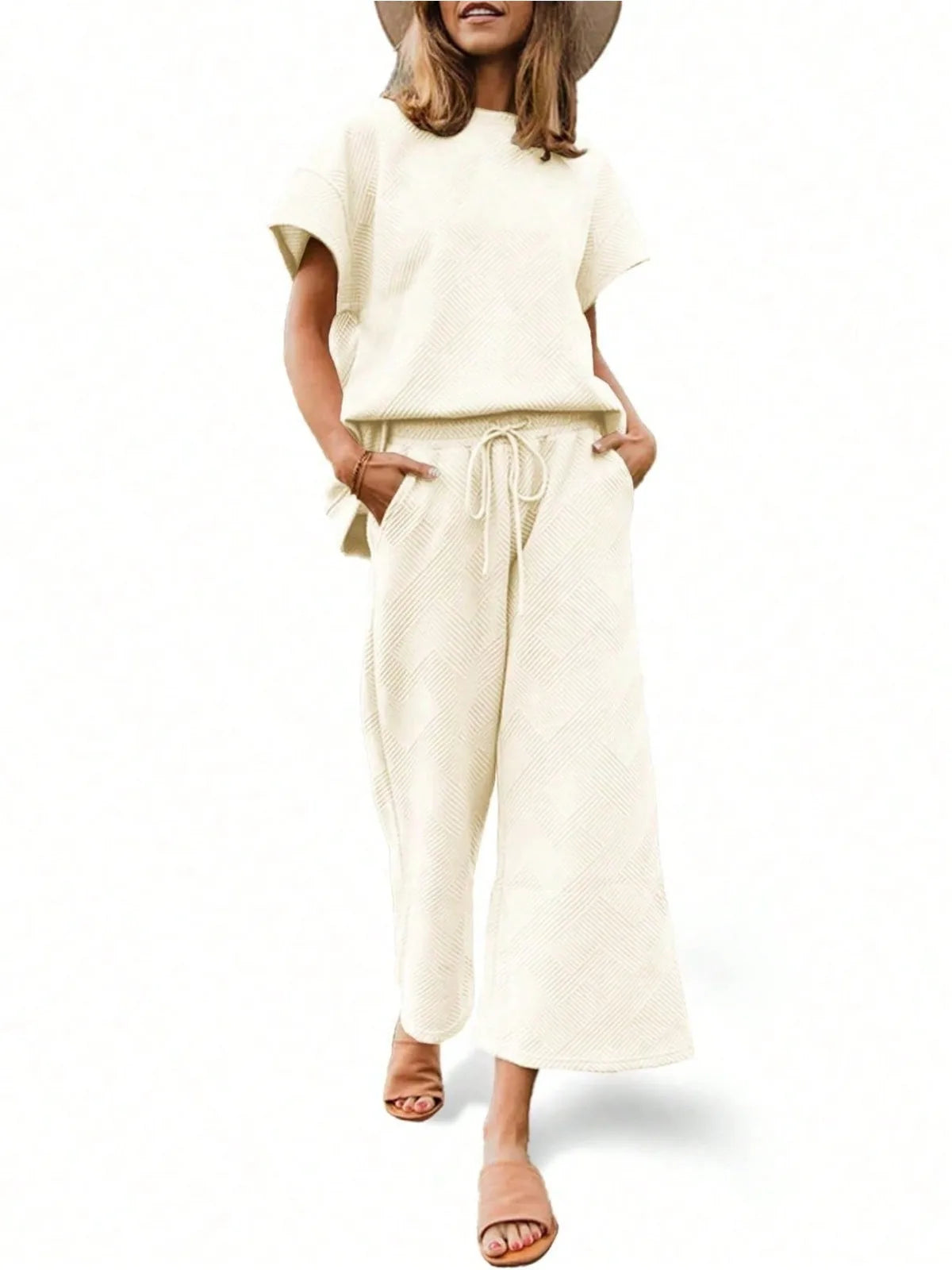 Fisoew Two Piece Sweat Set Luxury High Stretch Drawstring Waist