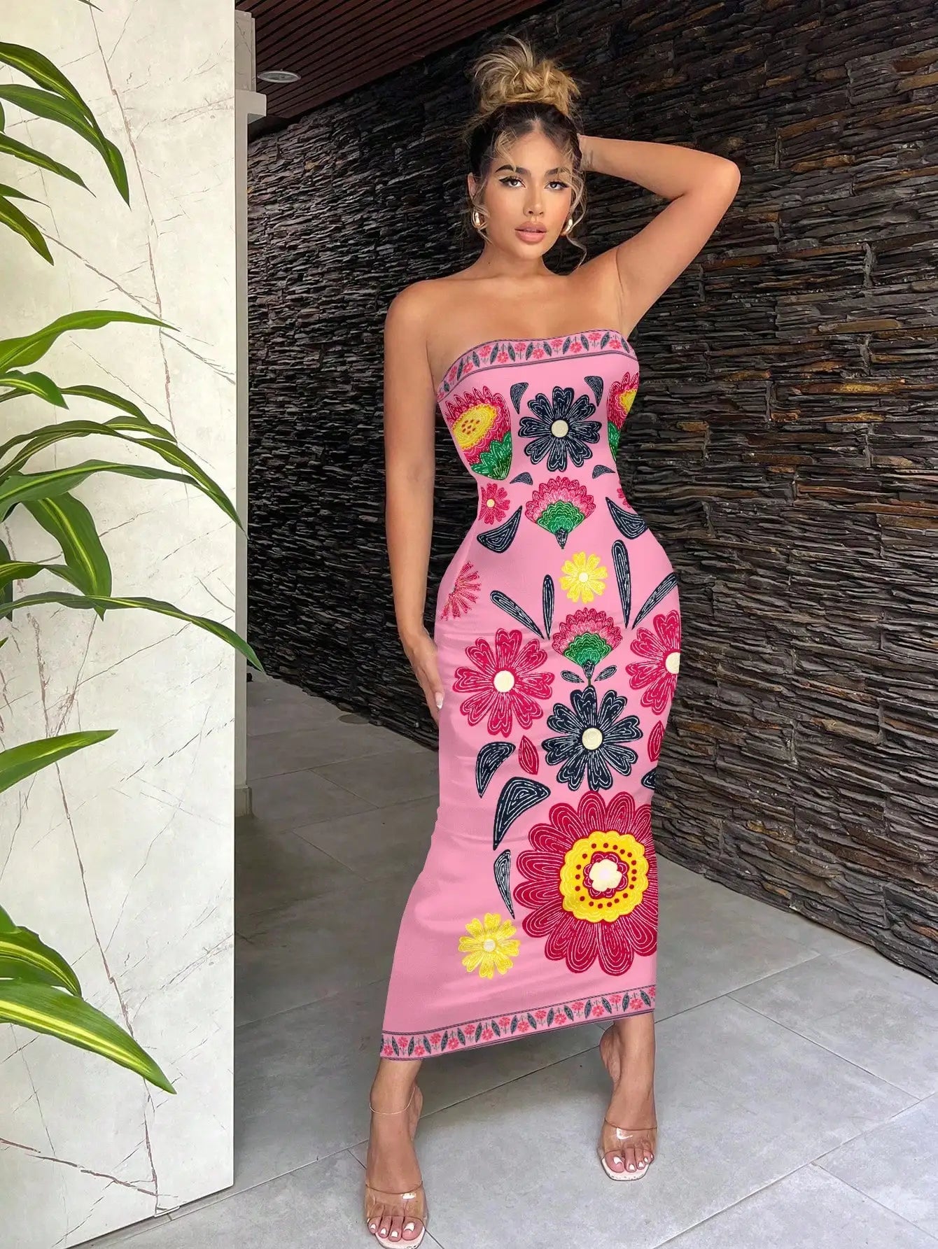 Bohemian Green Tropical Print Strapless Bodycon Dress For Vacation
