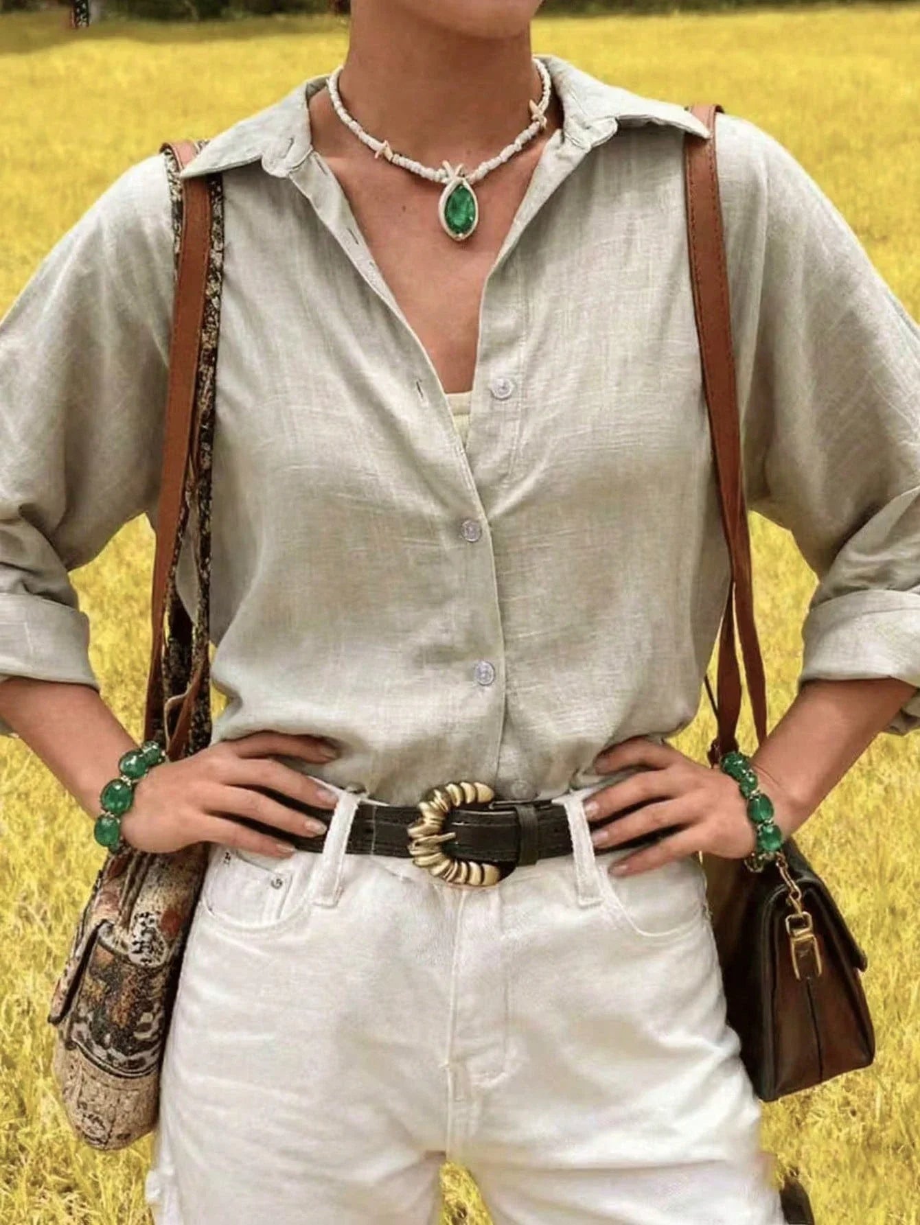 Women Linen Shirt With Rolled Cuff Button Detail Turn Down Collar Long Sleeve