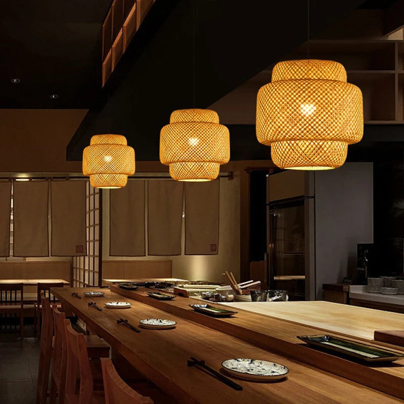 Molden Bamboo Lantern Pendant Light Natural Rattan E27 LED Chandeliers