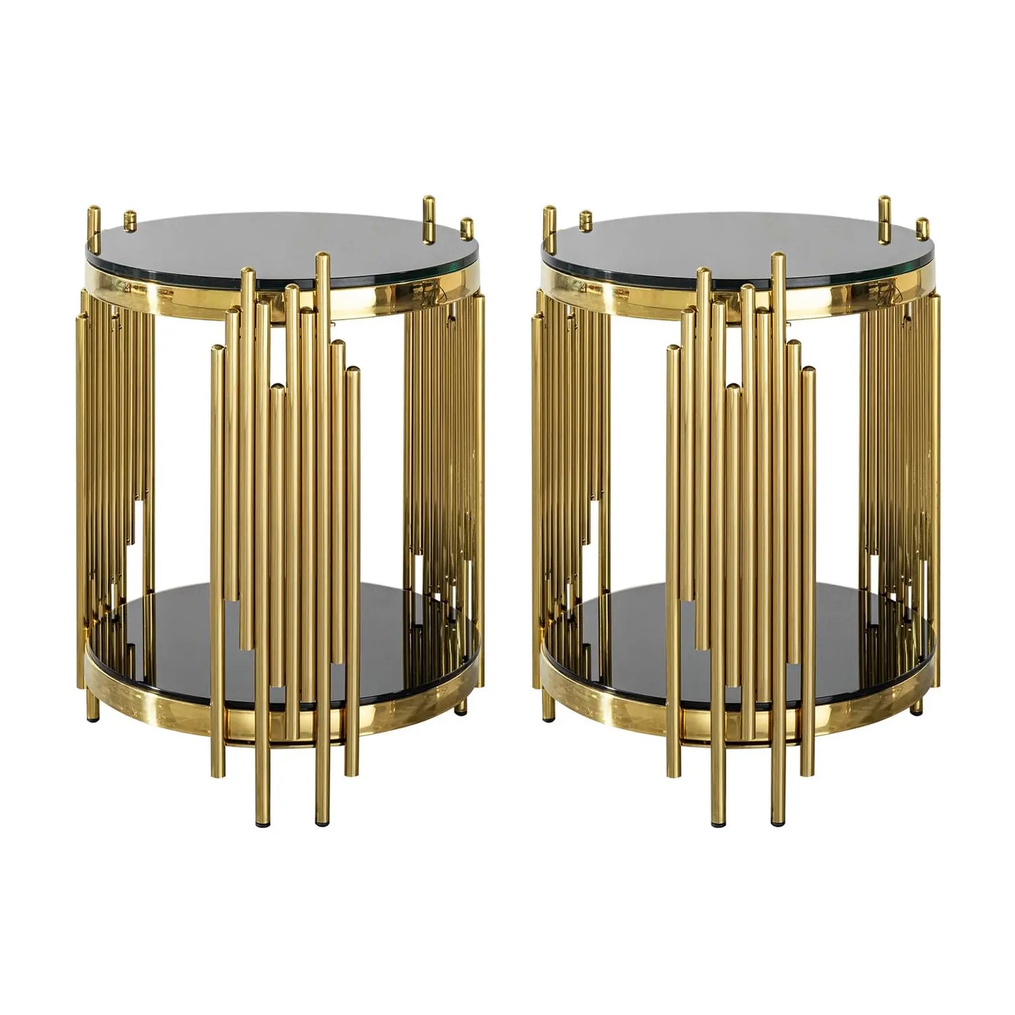 17.72" Round Sofa Side Table, 2-Tier Black Tempered Glass End Table with Gold Stainless Steel Frame for Living, Customized