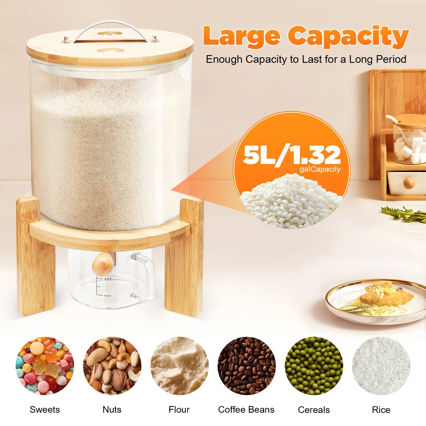 Airtight Glass Dry Food Storage Cereal Dispenser With Bamboo Lid