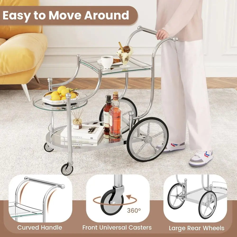 Glass Rolling Bar Cart With Mirrored Shelves And Wheels