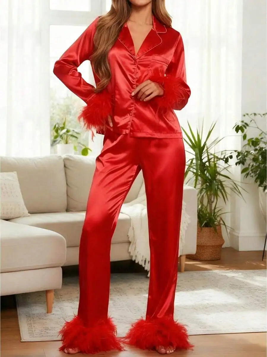 Women's Light Blue Satin Pajama Set with Feather Trim Long Sleeve Button-Up Top and Pants