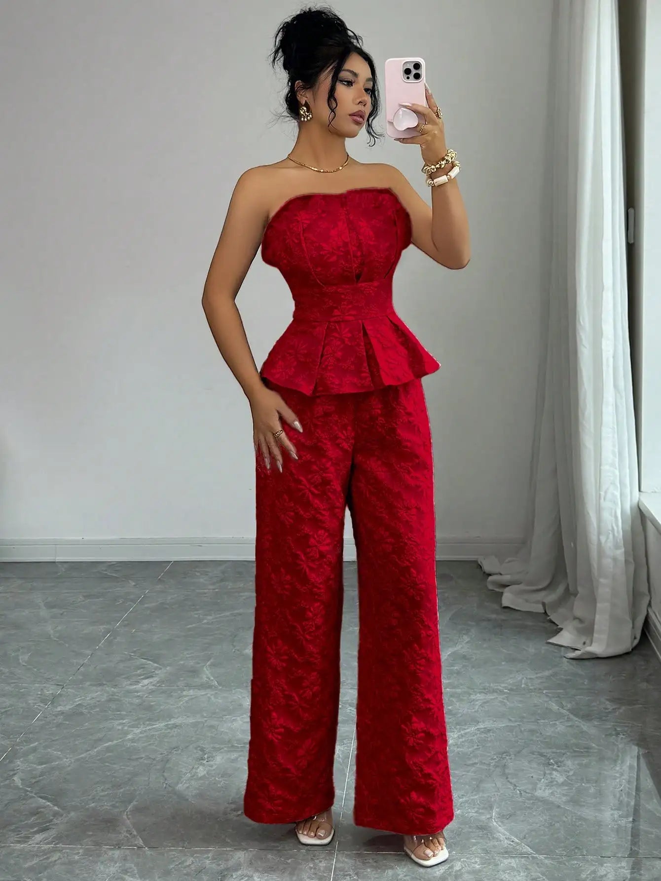 Floral Jacquard Strapless Peplum Top And Wide Leg Pants Set