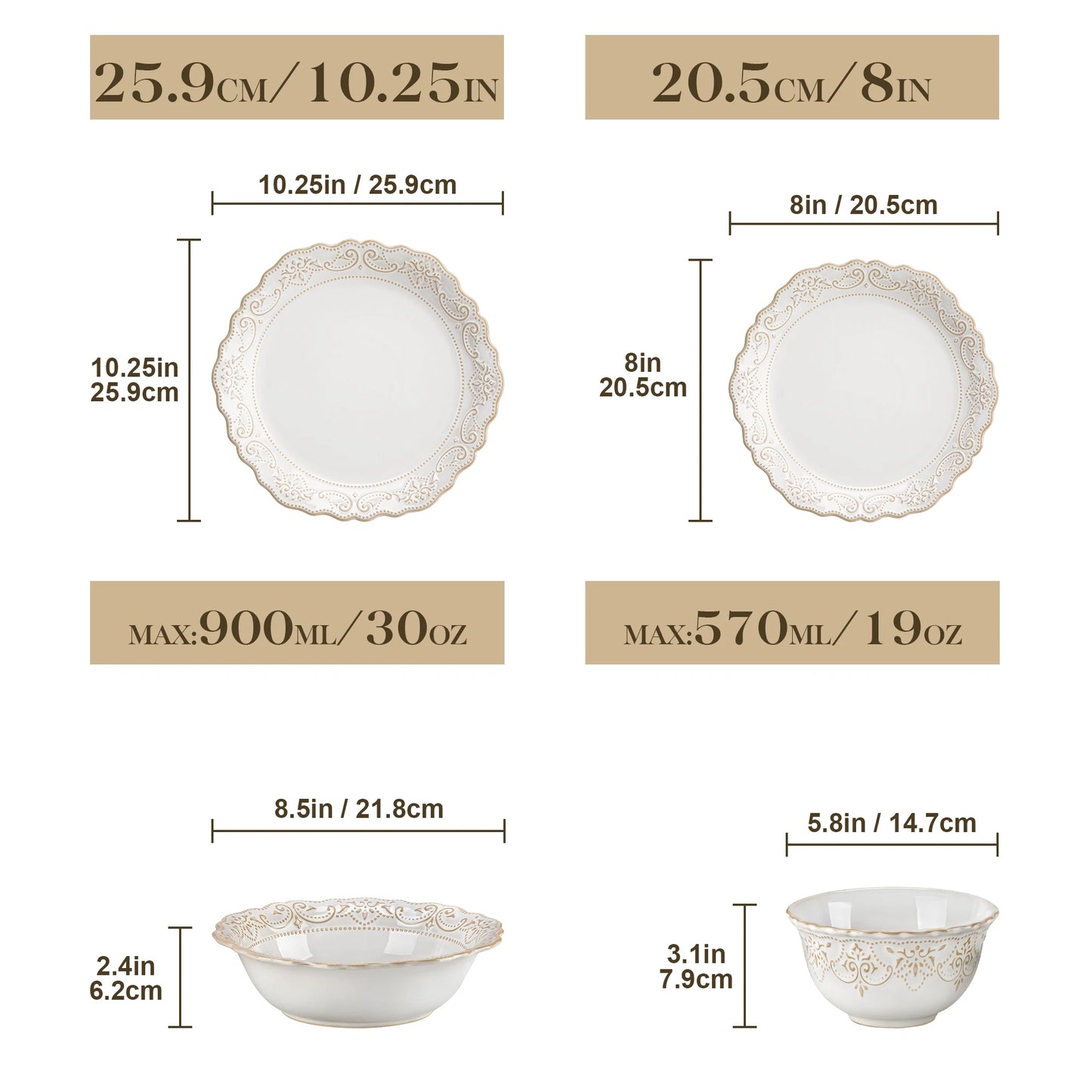 MALACASA White Stoneware Dinner Set Relief Pattern For Four