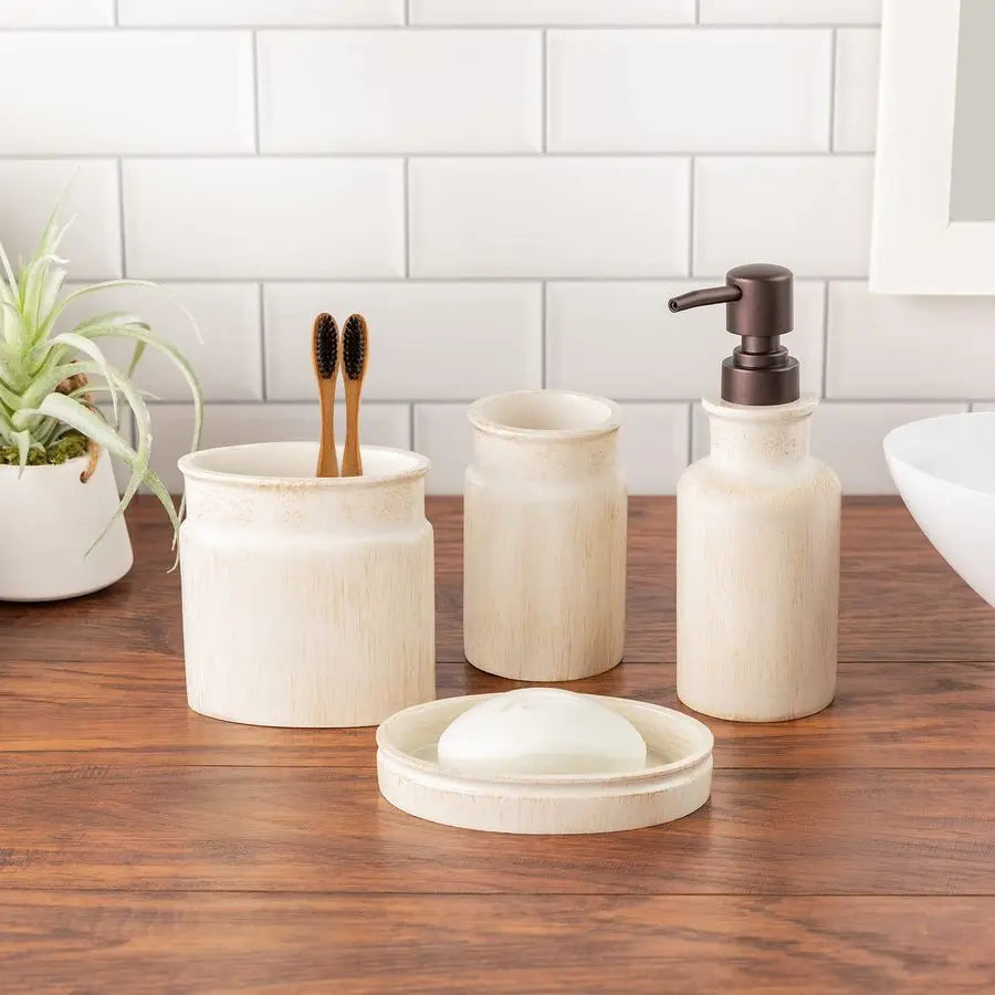 Rustic Luxe Bathroom Accessory Set Complete 4 Piece Beige Bathroom Soap Dispenser Set has Lotion Dispenser, Toothbrush Holder, T