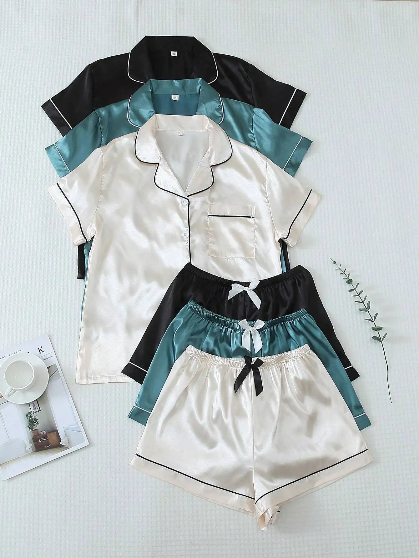 Satin Pajama Set For Women Button-Up Top And Bow-Trim Shorts