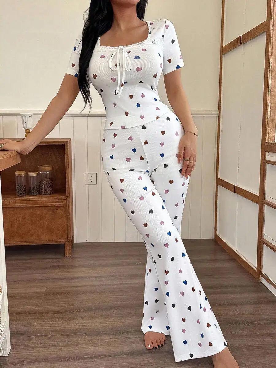 Heart Print Square Neck Ribbed Top And Flare Pants Set