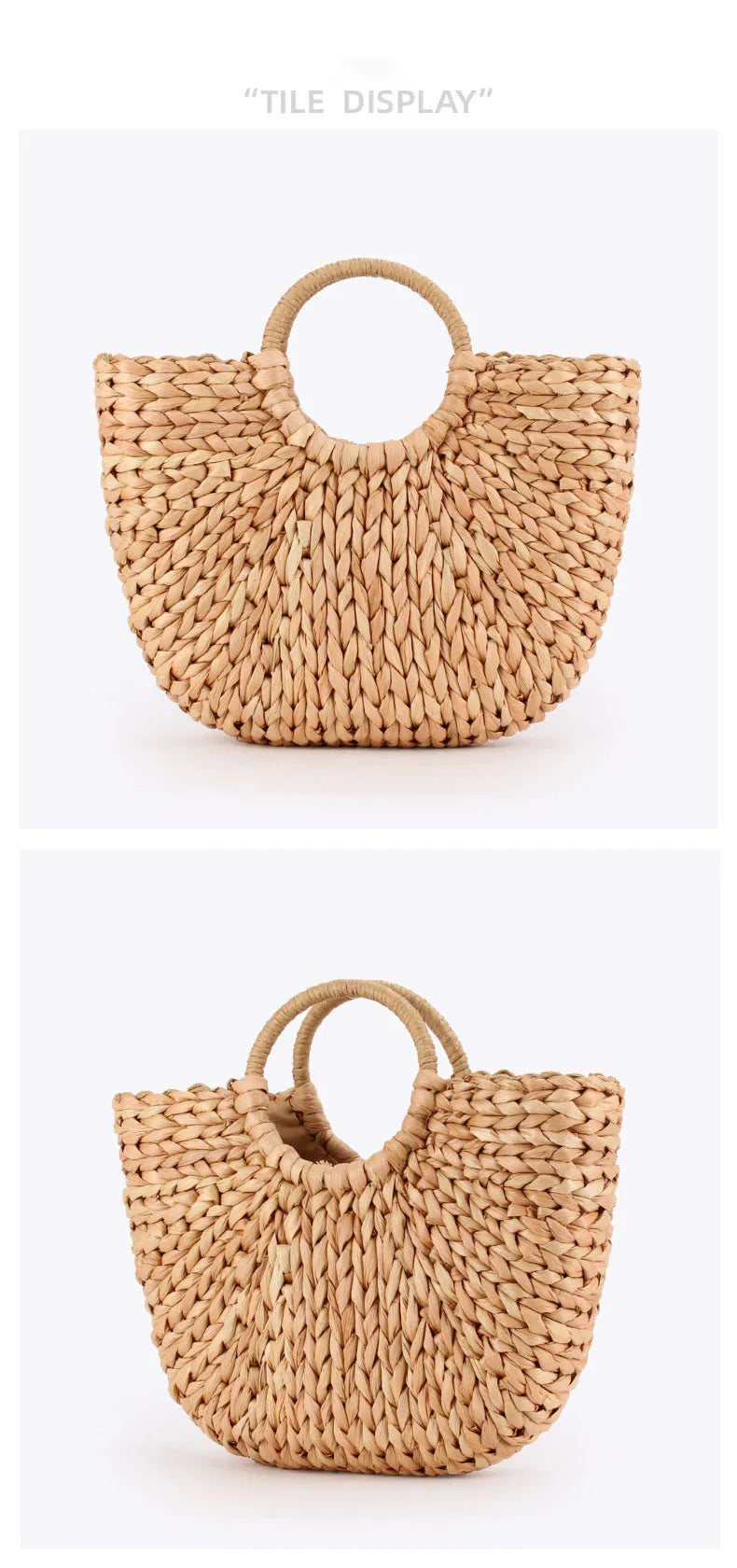 Women Straw Beach Bag Half Round Rattan Tote Handwoven