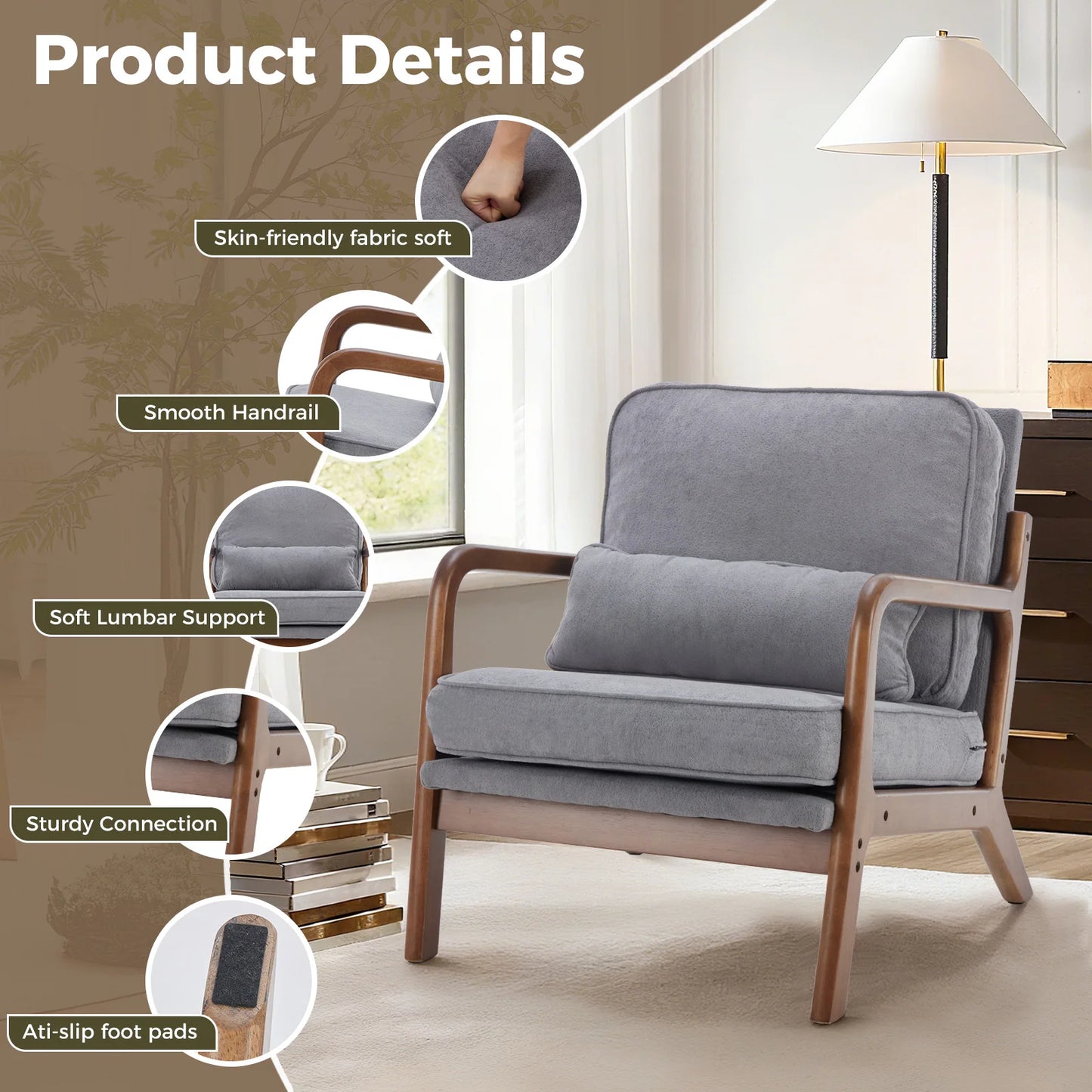 JHK Mid Century Modern Wooden Chair With Armrests And Cushion
