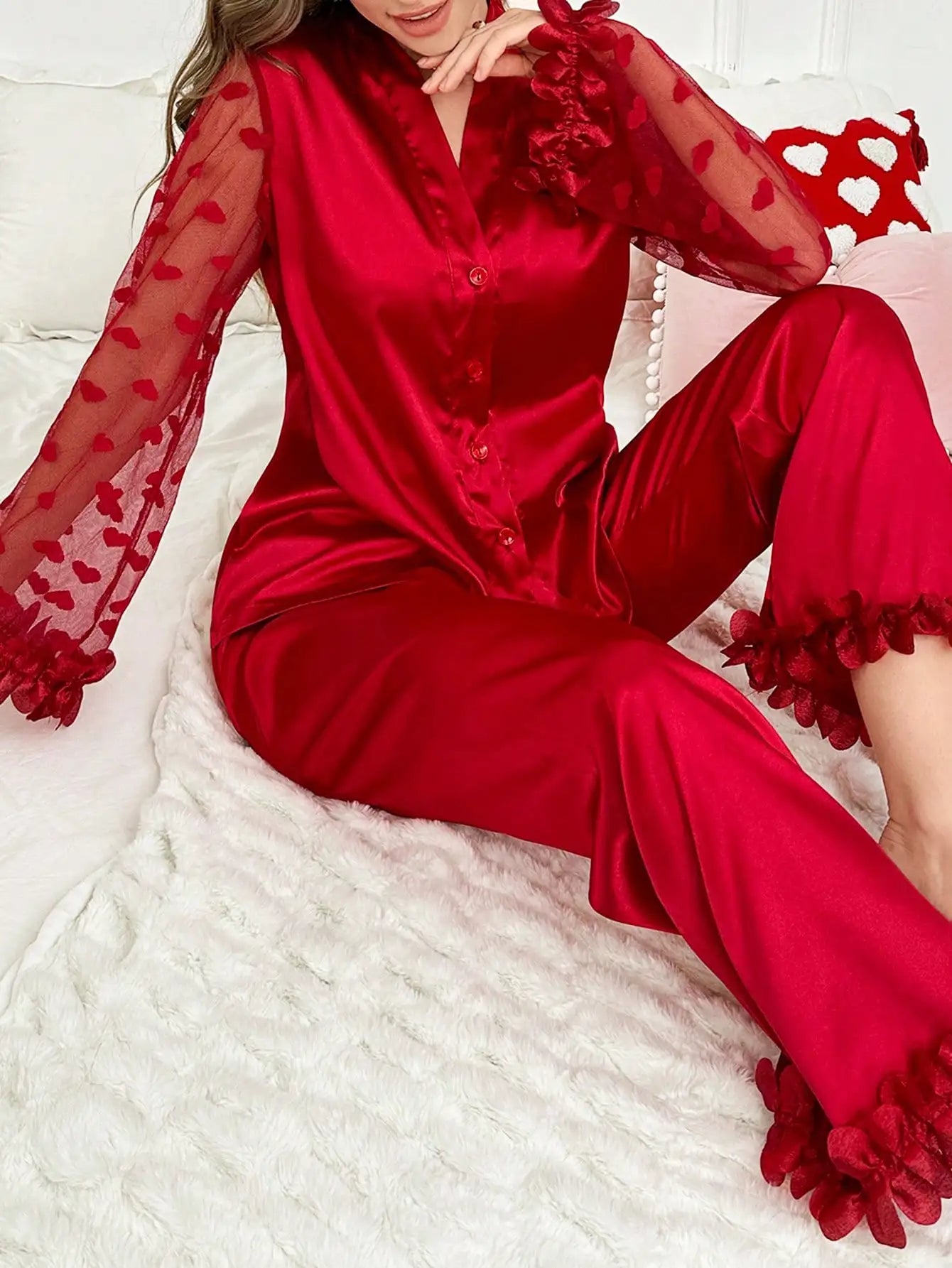 Satin Pajama Set With Floral Lace Sleeves And Ruffled Hem