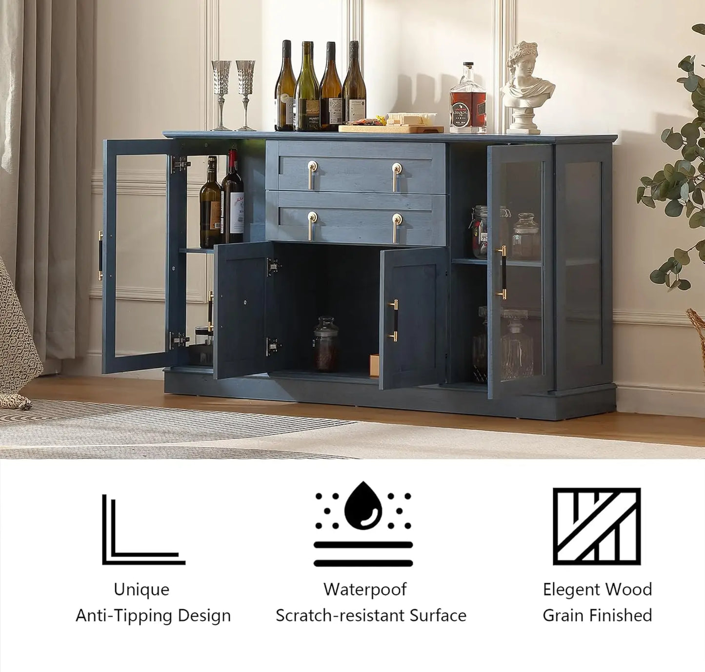 58.27'' Buffet Cabinet with 2 Drawers,LED and Adjustable Shelves,Large Glass Door Coffee Bar Cabinet with, Customized
