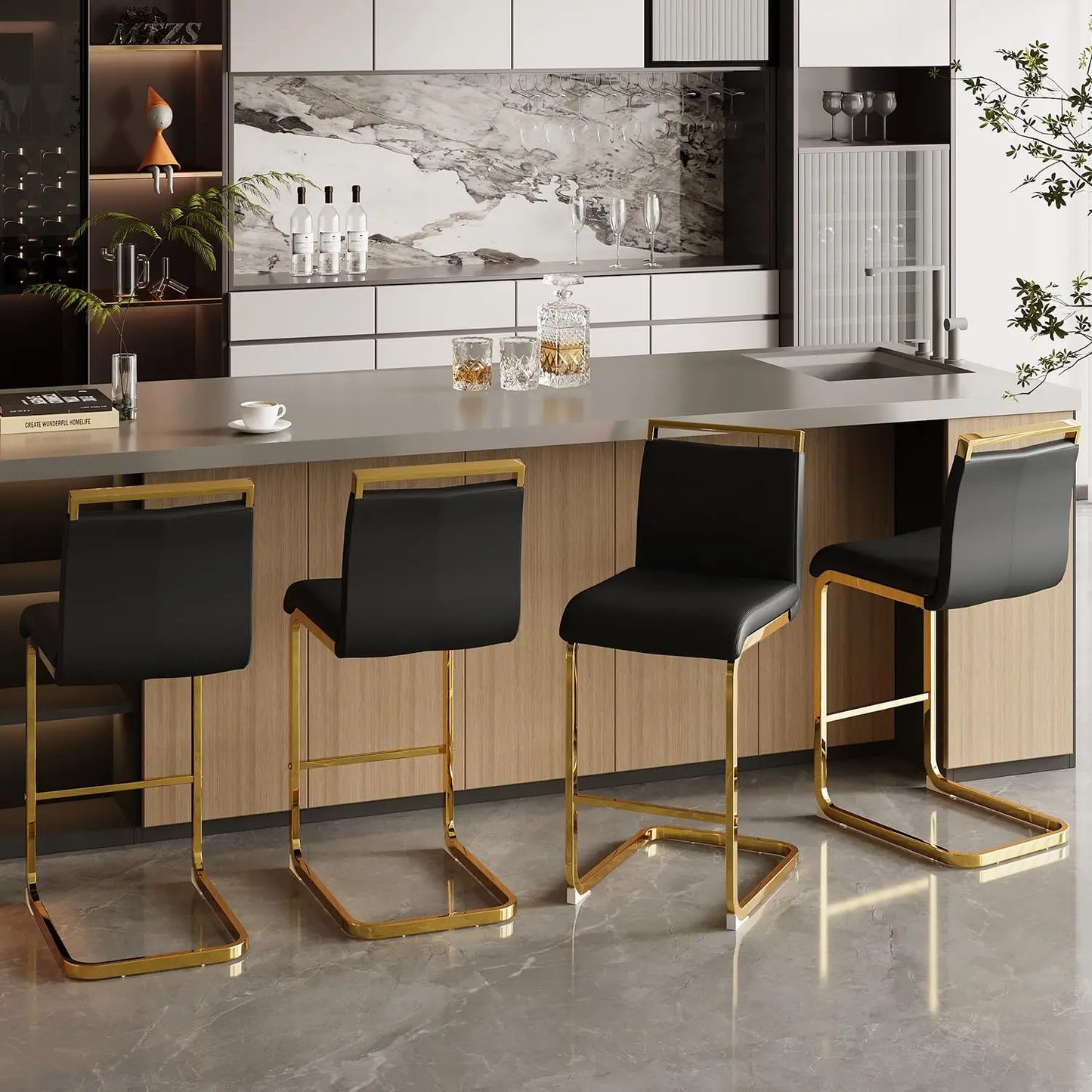Bar Stools Set of 4,Gold Bar Stools with Back,25" White Island Chairs with Gold Plated Metal Leg,Faux, Customized