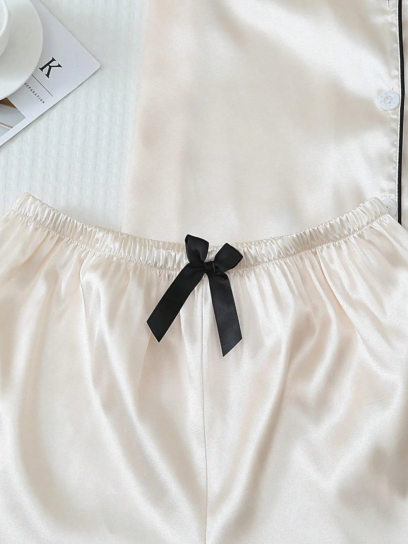 Satin Pajama Set For Women Button-Up Top And Bow-Trim Shorts