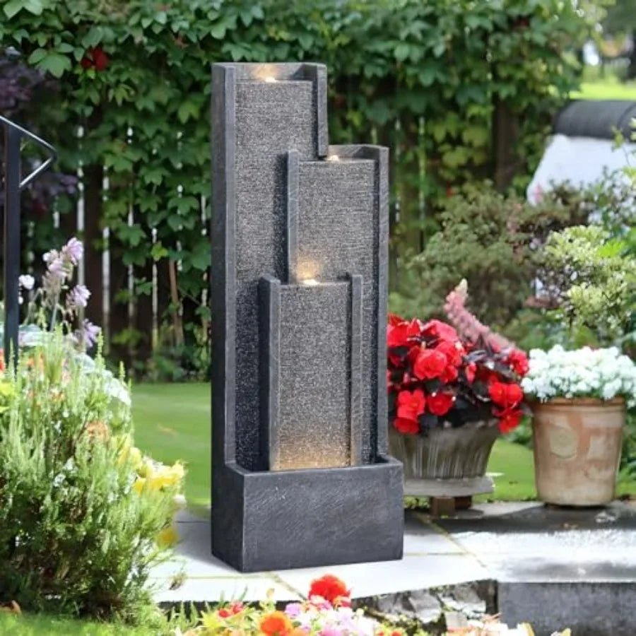 Outdoor Water Fountain With Lights Cascading Waterfall Resin Garden Patio