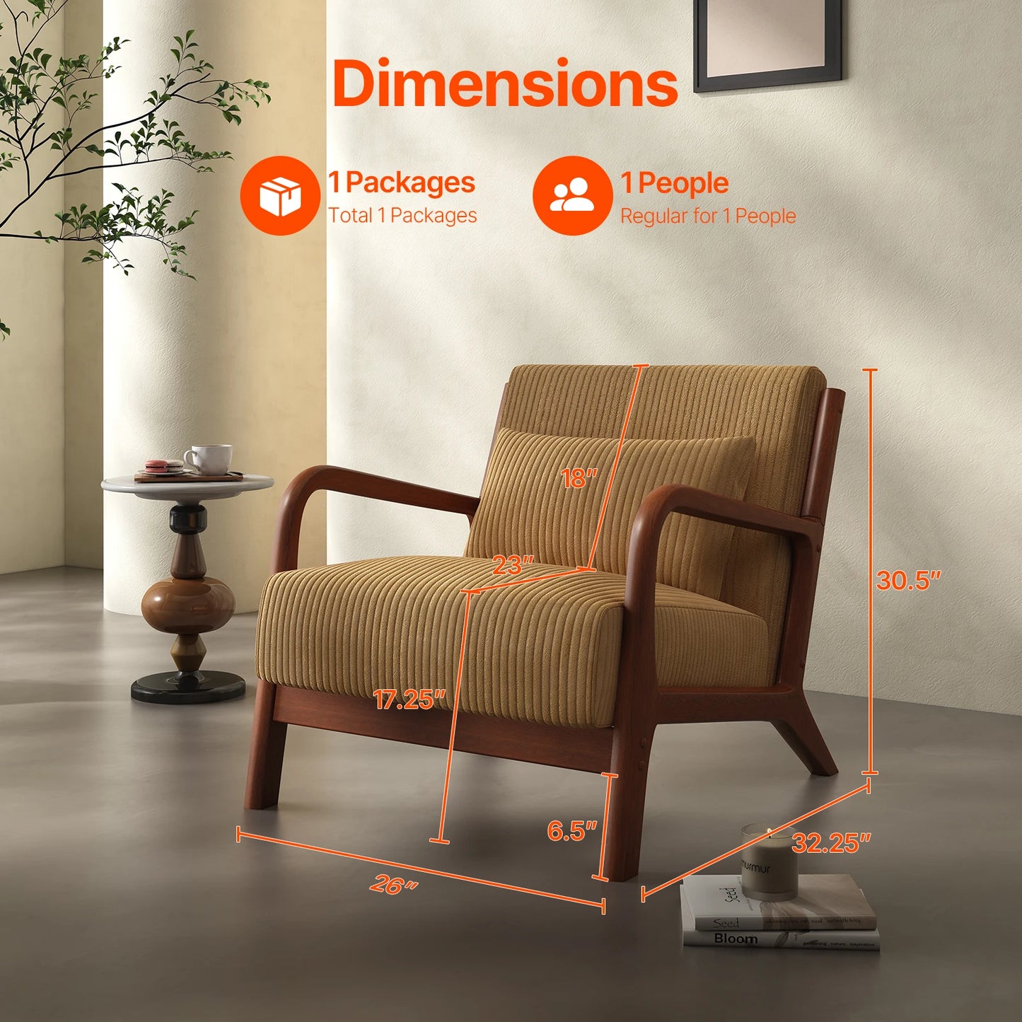 QWC Mid Century Modern Accent Chair With Fabric Wood Frame