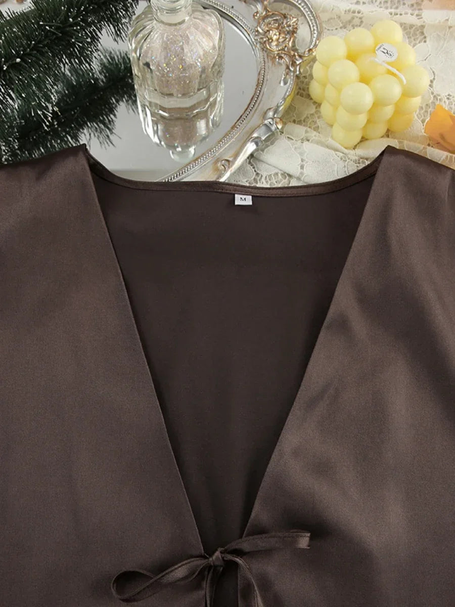 Blubelle Simulation Silk Cardigan Tie Pajamas Two-piece Set Loose Long sleeved Pants Casual Home Clothing Women's Nightgow Set