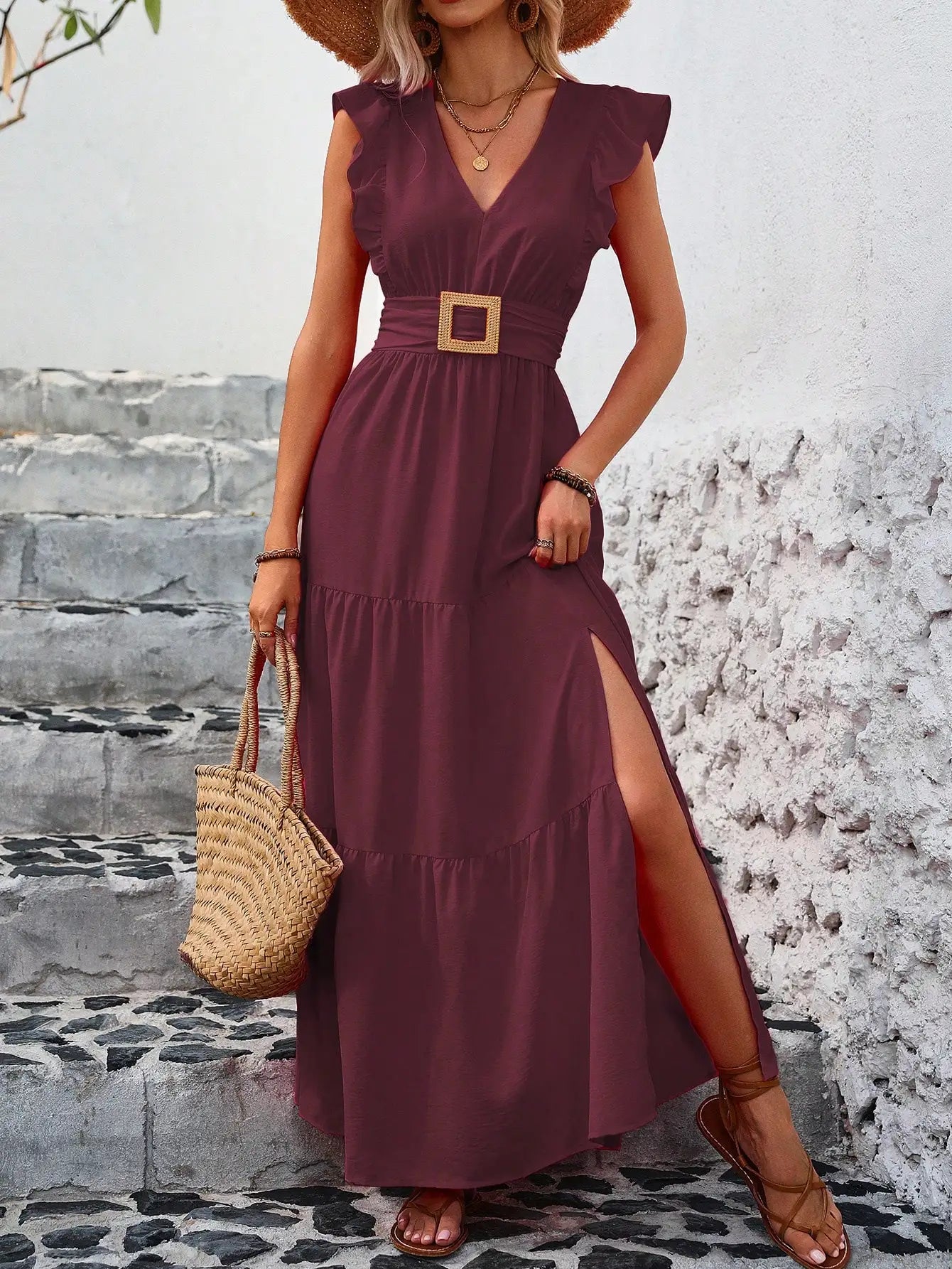 Ruffle Trim Maxi Dress With High Slit Summer Vacation Women