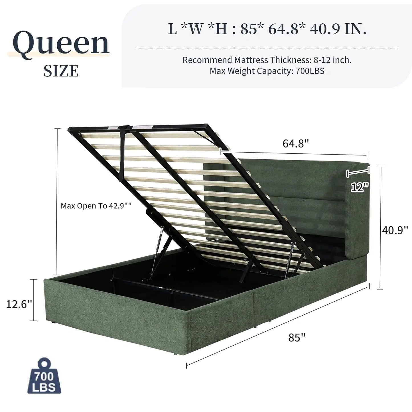 Lift Up Storage Bed Frame With Hydraulic Wingback Headboard