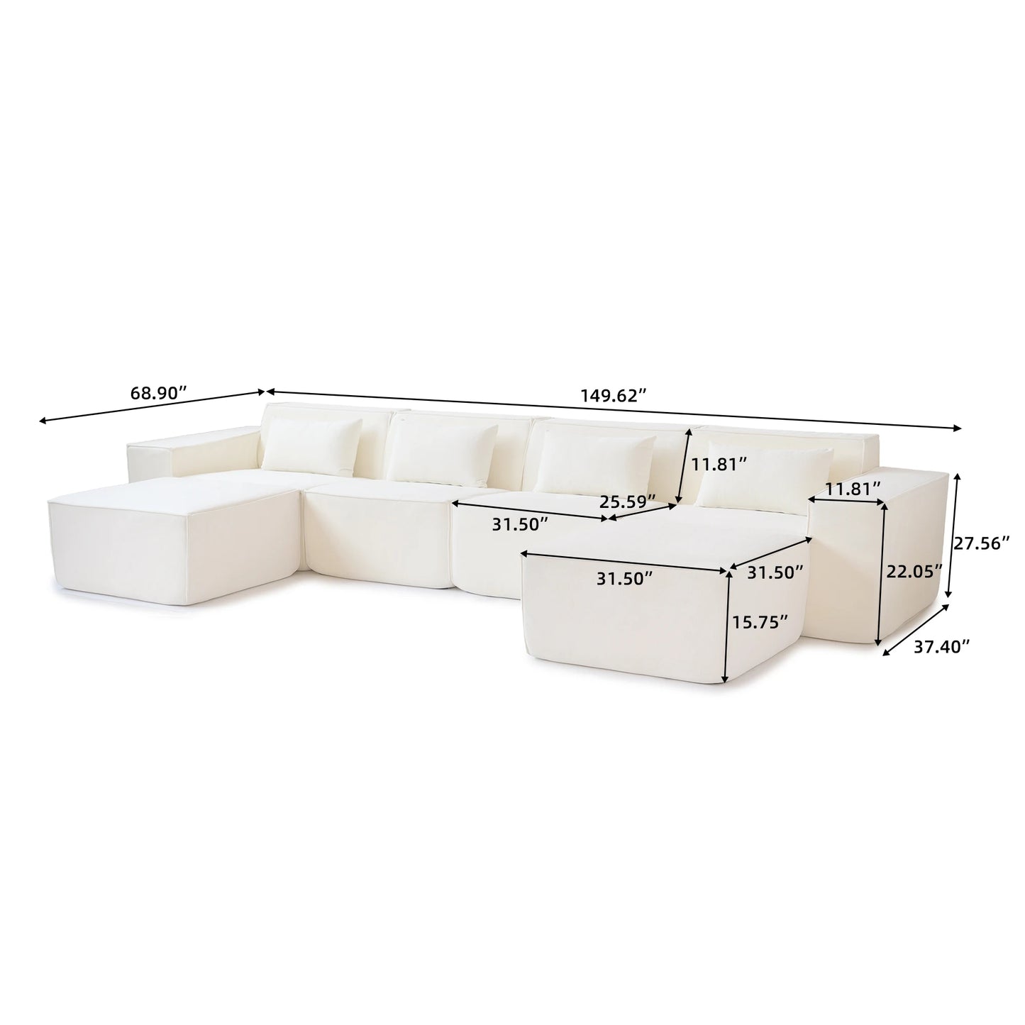 Sdorens Modular Sectional Sofa Couch for Living Room 149.62" Oversized U Shaped Cloud Couch with 2 Ottomans No Assembly Required