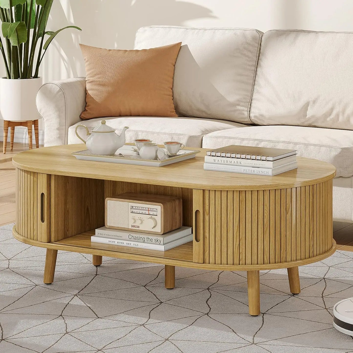 Mid Century Oval Coffee Table With Sliding Tambour Door