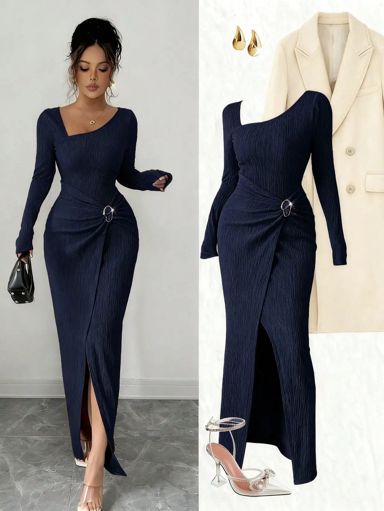 Asymmetrical Neck Knitted Bodycon Dress With Twist Waist Side Slit