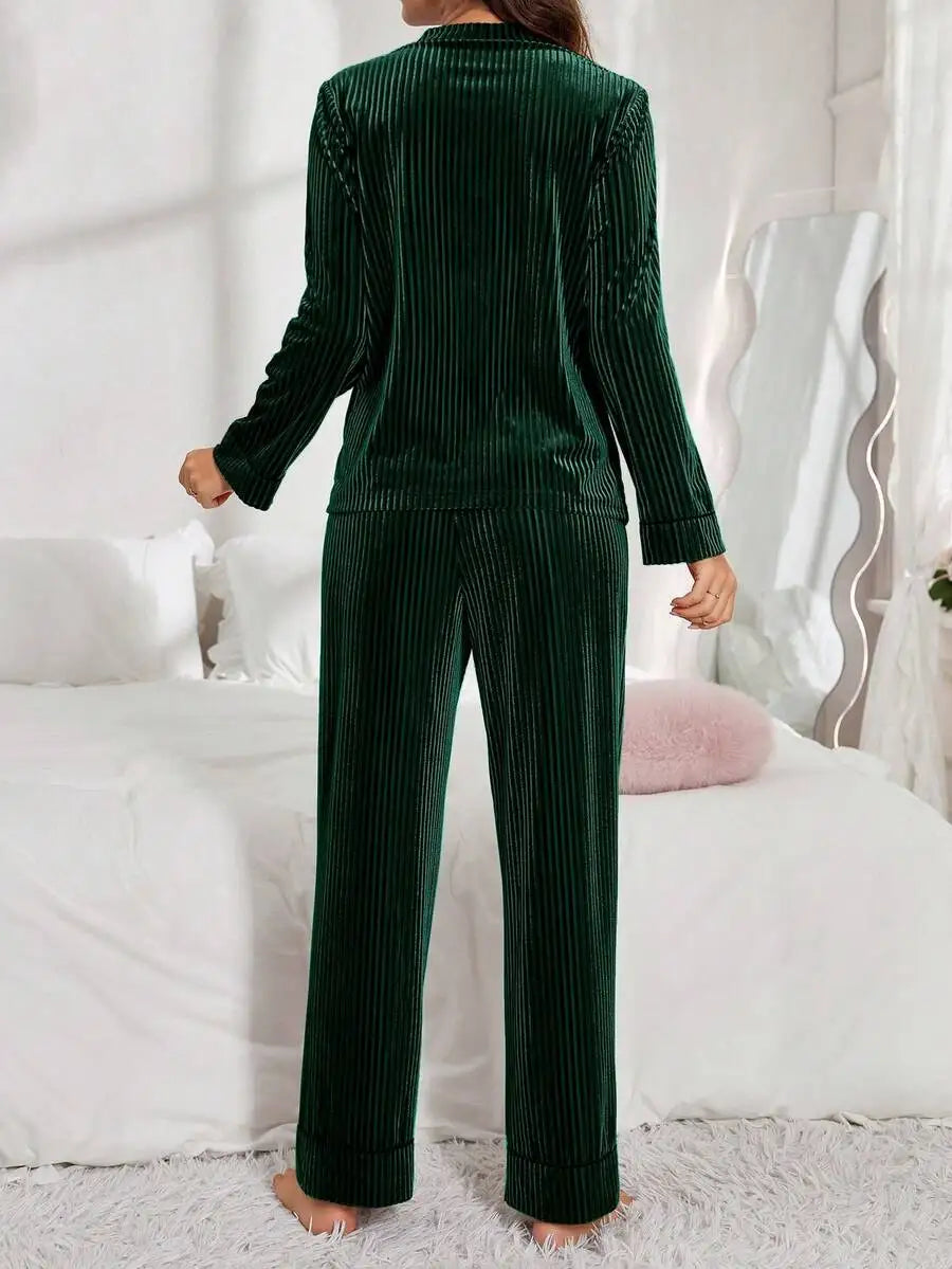 Velvet Long Sleeve Pajama Set With Ribbed Texture