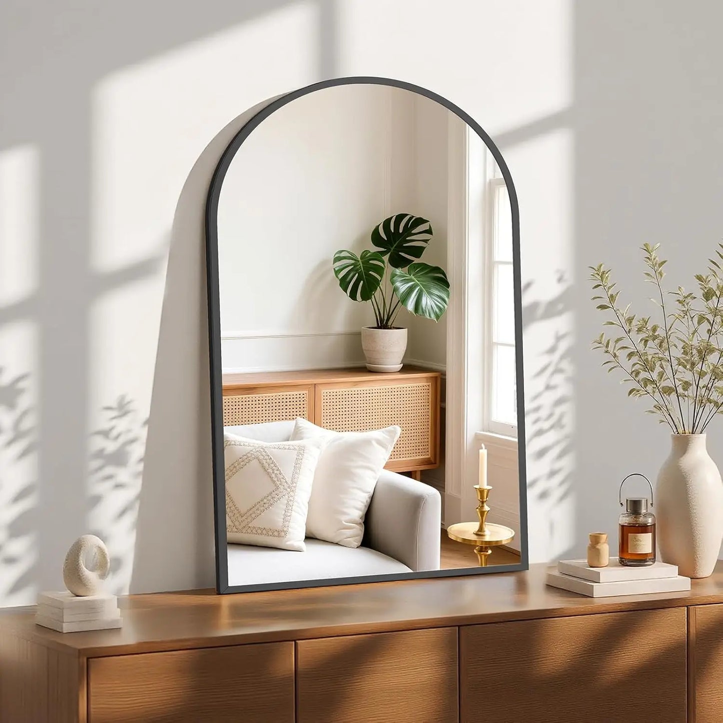 Arched Black Modern Bathroom Mirrors With Metal Frame