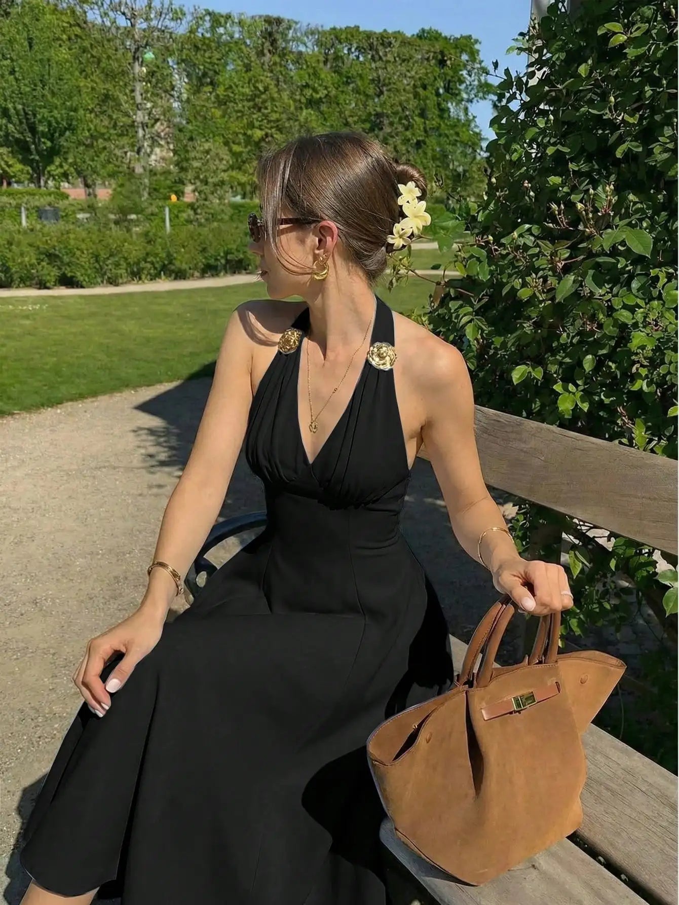 Elegant Halter Neck Midi Dress With 3D Floral Accents